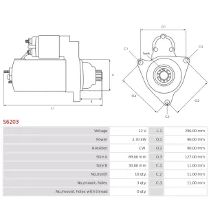 Démarreur 12V 2.70kW 10 dents AS-PL S6203, UD12966S, CATERPILLAR 0R-4316, 143-0539, 6V-0492