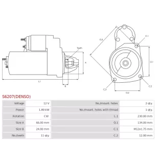 Démarreur 12V 1.80kW 11 dents AS-PL UD805088(DENSO)S, BOSCH 0001139019