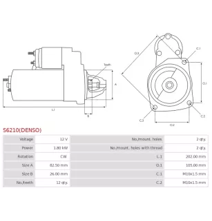 Démarreur 12V 1.80kW 12 dents AS-PL UD805081(DENSO)S, BOSCH 0001115047