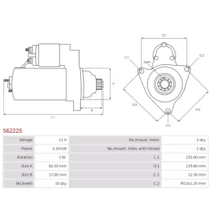 Démarreur 12V 2.20kW 10 dents AS-PL S6222S, UD00710S, BOSCH 0986020601, CARGO 113757, DELCO DRS3855
