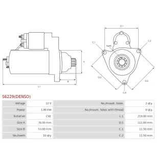 Démarreur 12V 1.80kW 10 dents AS-PL UD805082(DENSO)S, DELCO DRS0843