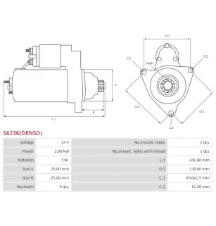 Démarreur 12V 2.00kW 9 dents AS-PL UD809834(DENSO)S, DELCO DRS0738