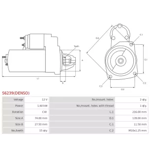 Démarreur 12V 1.6kW 15 dents AS-PL UD805289(DENSO)S, DENSO 428000-7700