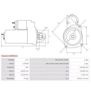 Démarreur 12V 1.70kW 11 dents AS-PL UD13767S, UD805275(DENSO)S