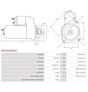 Démarreur 12V 2.00kW 11 dents AS-PL UD808771(DENSO)S, CARGO 116162