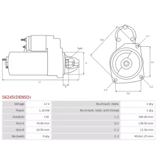 Démarreur 12V 1.20kW 9 dents AS-PL UD808765(DENSO)S, DELCO DRS1181