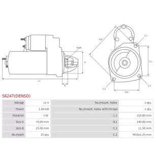 Démarreur 12V 1.6kW 15 dents AS-PL UD809838(DENSO)S, DENSO 428000-6000