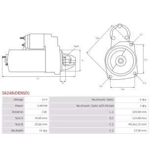 Démarreur 12V 2.00kW 11 dents AS-PL UD805087(DENSO)S, BOSCH 0986023240, CARGO 114216, DELCO DRS0288, DRS20288