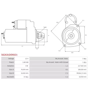 Démarreur 12V 1.60kW 13 dents AS-PL S6263S, UD808812(DENSO)S