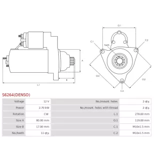 Démarreur 12V 2.70kW 11 dents AS-PL UD810117(DENSO)S, CARGO 115982