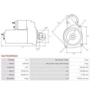 Démarreur 12V 0.80kW 8 dents AS-PL UD805279(DENSO)S, DENSO 428080-6121