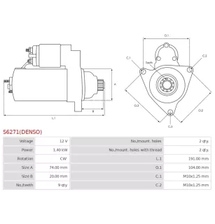 Démarreur 12V 1.40kW 9 dents AS-PL UD805283(DENSO)S, DENSO 228000-3282