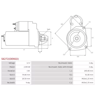 Démarreur 12V 2.00kW 9 dents AS-PL UD805286(DENSO)S, BOSCH 0986CR1794