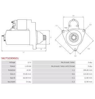 Démarreur 12V 1.2kW 13 dents AS-PL UD805061(DENSO)S, DENSO 228000-0820