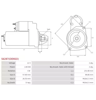 Démarreur 12V 1.60kW 13 dents AS-PL UD808814(DENSO)S, BMW 12417612815