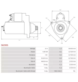 Démarreur 12V 4.00kW 10 dents AS-PL S6293S, UD14902S, CASE 87750408, DENSO 428000-7360, NEW HOLLAND 504357253