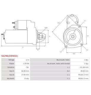 Démarreur 12V 1.70kW 13 dents AS-PL UD805276(DENSO)S, CARGO 116555