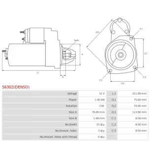 Démarreur 12V 1.40kW 15 dents AS-PL UD819290(DENSO)S, BMW 12417645979