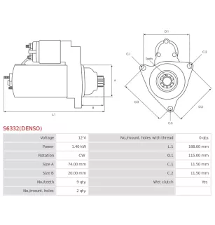 Démarreur 12V 1.40kW 9 dents AS-PL UD810204(DENSO)S, DENSO 228080-4374