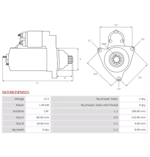 Démarreur 12V 1.40kW 9 dents AS-PL UD810212(DENSO)S, BOBCAT 6688372