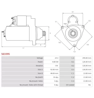 Démarreur 24V 4.80kW 10 dents AS-PL S6339S, UD90425S, CUMMINS 4995641, DENSO 428000-7140, 4380003740