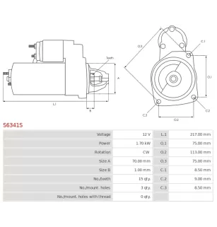 Démarreur 12V 1.70kW 15 dents AS-PL S6341S, UD20550S, BMW 12418570845, 12418572542, 12418572899