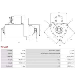 Démarreur 12V 1.40kW 9 dents AS-PL UD16990S, DENSO 228000-2050, 228000-2051, HONDA 31200-P72-A01, 31200-P72-A01RM