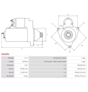 Démarreur 12V 1.60kW 9 dents AS-PL UD16844S, CARGO 113112, DELCO DRS3847, DS4957, DENSO 128000-5560