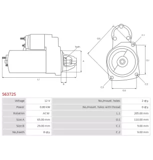 Démarreur 12V 0.80kW 8 dents AS-PL S6372S, UD17080S, CARGO 114773, DELCO DRS0046, DENSO 228000-6791