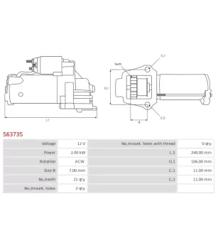 Démarreur 12V 2.00kW 21 dents AS-PL UD17066S, UD17068S, CARGO 116443, DELCO DRS0452, DENSO 428000-2530