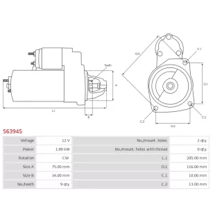 Démarreur 12V 1.80kW 9 dents AS-PL S6394S, UD20541S, DENSO 428000-5200, HONDA 31200-R40-R01, 31200-R40-R012