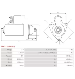 Démarreur 12V 2.70Kw 11 dents DENSO 428000-0291, 428000-1370,