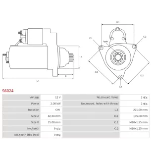 Démarreur 12V 2.00Kw 9 dents DELCO DRS3923, DRS3923N, RAS34034, BOSCH 986022820, F042S00284, F042S0H052