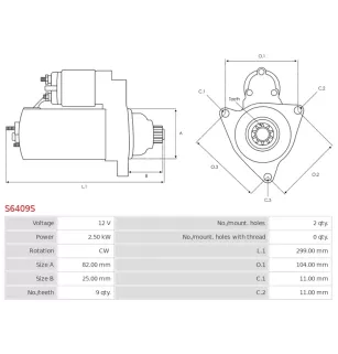 Démarreur 12V 2.50kW 9 dents AS-PL UD17021S, DENSO 428000-4860, KUBOTA 1G524-63010, 1G524-63011, A00486W1343