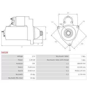 Démarreur 12V 1.40Kw 10 dents TOYOTA 28100-21040, 28100-33040, 28100-33050, 28100-33070, 2810021040, 2810033040