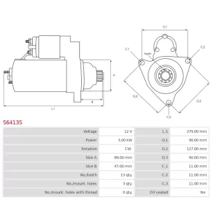 Démarreur 12V 3.00kW 13 dents AS-PL S6413S, UD16535S, CARGO 115566, CHRYSLER 05086932AA, 68002981AA