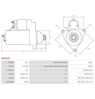 Démarreur 12V 1.40kW 9 dents AS-PL UD16994S, DENSO 128000-8450, 128000-8451, 128000-8453, 128000-8456