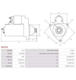 Démarreur 12V 1.80kW 11 dents AS-PL UD17002S, DENSO 428000-1910, 428000-1911, 428000-1912, LAND ROVER NAD500150