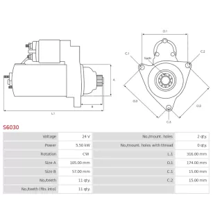 Démarreur 24V 5.50Kw 11 dents AS-PL UD02129S, ISUZU 1811002390, 1811002461, 1811002463, DENSO 128000-4250