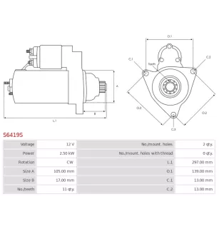 Démarreur 12V 2.50kW 11 dents AS-PL UD17012S, DENSO 028000-4160, 028000-5500, 028000-5600, 028000-7220