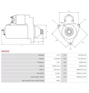 Démarreur 12V 2.00kW 13 dents AS-PL UD17003S, CHRYSLER 68066177AA, DENSO 428000-8390, DIXIE S-80535, PSH 830.962.133