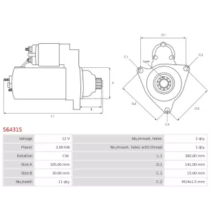 Démarreur 12V 3.00kW 11 dents AS-PL UD18607S, DENSO 428000-6980, 428000-6982, 428000-6990, 428080-6980