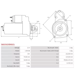 Démarreur 12V 1.00Kw 9 dents DENSO DSN921, 428000-7740,