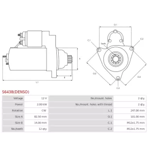 Démarreur 12V 2.0kW 12 dents AS-PL UD810297(DENSO)S, DENSO 438000-0970