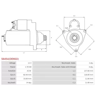 Démarreur 12V 1.70kW 14 dents AS-PL UD810289(DENSO)S, DENSO DSN1487