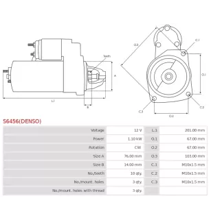 Démarreur 12V 1.10kW 10 dents AS-PL UD815150(DENSO)S, BOSCH 0001107410