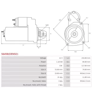 Démarreur 12V 1.10kW 21 dents AS-PL UD815151(DENSO)S, BOSCH 0001107059