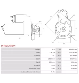 Démarreur 12V 2.00kW 9 dents AS-PL UD815166(DENSO)S, DENSO DSN3018