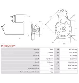 Démarreur 12V 2.50kW 9 dents AS-PL UD815162(DENSO)S, BOSCH 0001109291