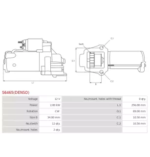 Démarreur 12V 2.00kW 12 dents AS-PL UD815160(DENSO)S, BOSCH 00010DB94E